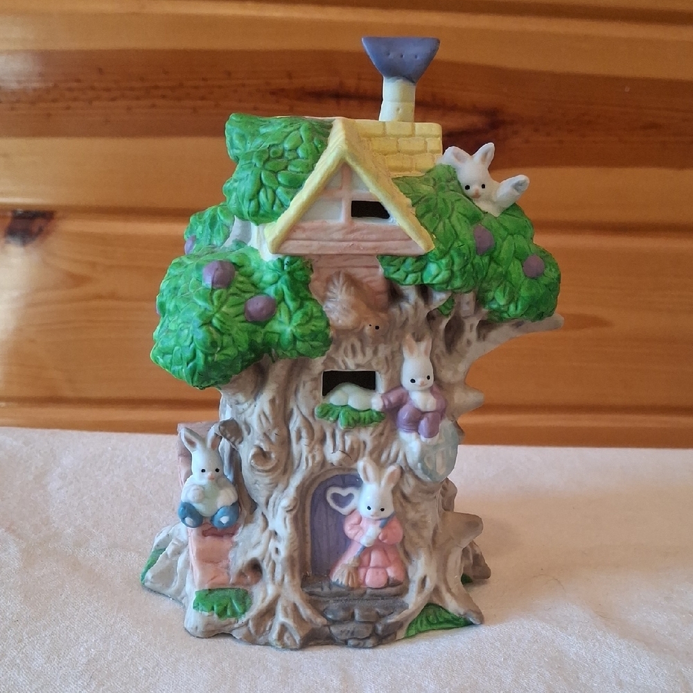 Easter Whimsical Treehouse Figurine with Bunnies